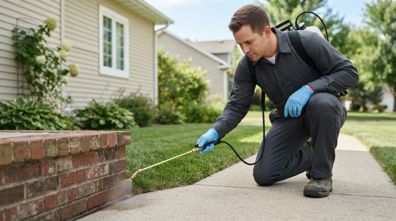 Pest control technician treating a home near Damon, TX