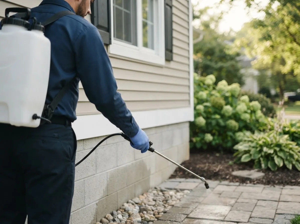 Pest control technician inspecting a home in Damon, TX